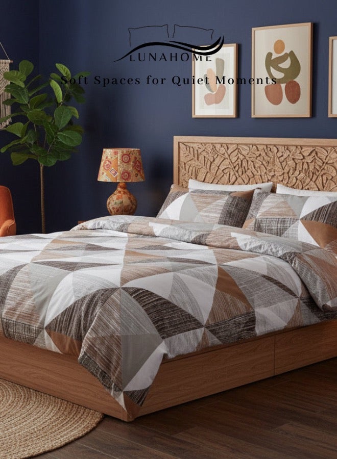 لونا هوم King Size 6 pieces bedding set, Simply geometric print, brown with grey. - Image 1